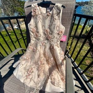 Girls-  Sleeveless Elegance Hem Lacey Floral Dress - New Beige Beauty 16